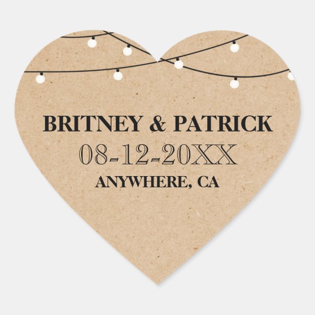 Country Rustic String Lights Wedding Favours Heart Sticker (Front)