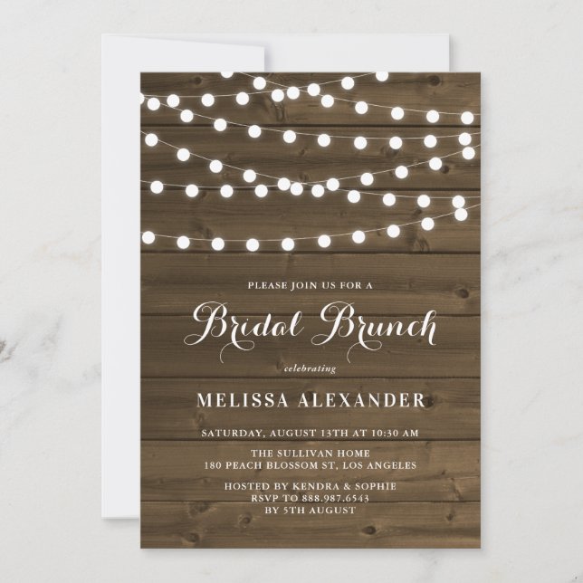 Country Rustic String Lights Wood Bridal Brunch Invitation (Front)