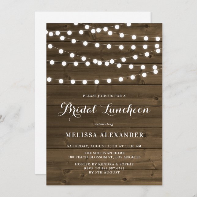Country Rustic String Lights Wood Bridal Luncheon Invitation (Front/Back)