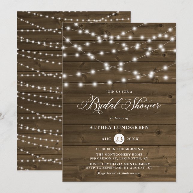 Country Rustic String Lights Wood Bridal Shower Invitation (Front/Back)