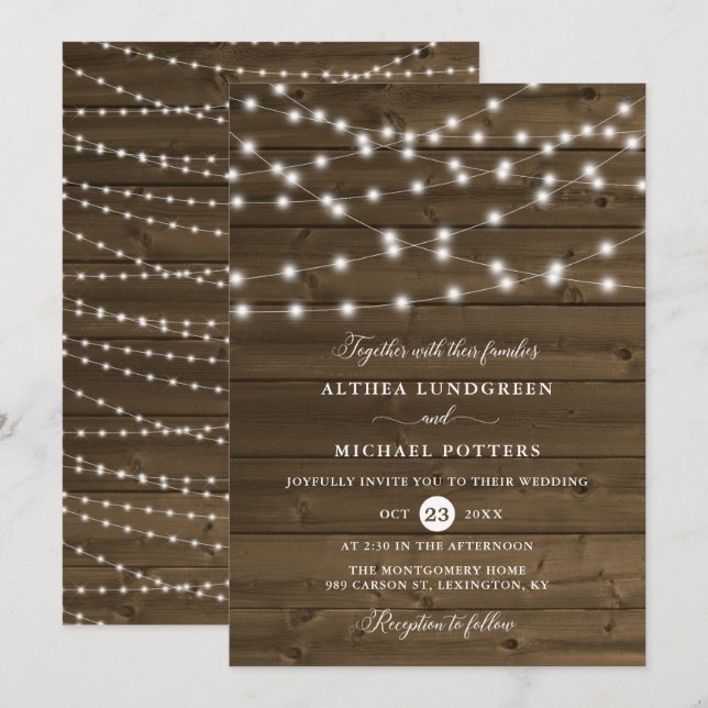 Country Rustic String Lights Wood Wedding Invitation (Front/Back)