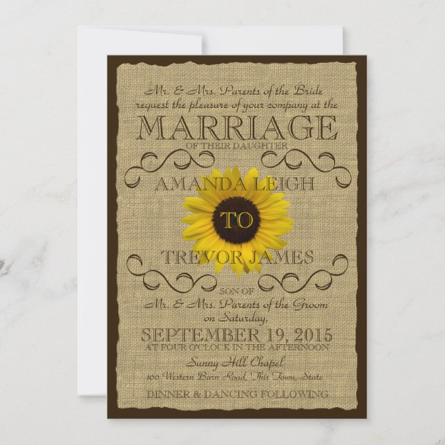 Country Rustic Sunflower and Burlap Wedding Invitation (Front)