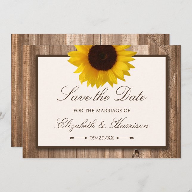 Country Rustic Sunflower, Brown Wood Save The Date (Front/Back)