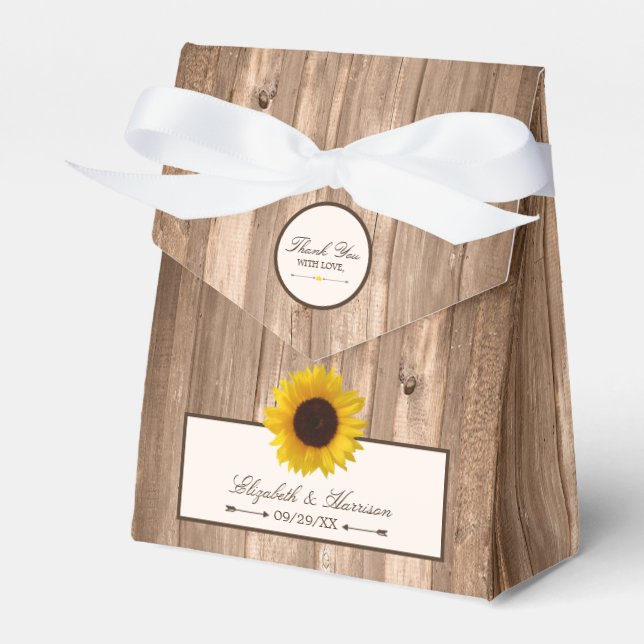 Country Rustic Sunflower & Brown Wood Wedding Favour Box (Front Side)
