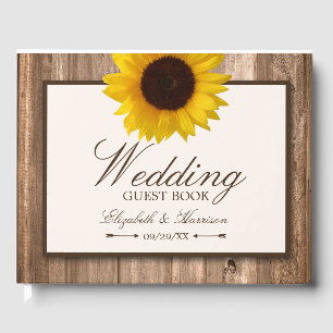 Country Rustic Sunflower & Brown Wood Wedding Guest Book