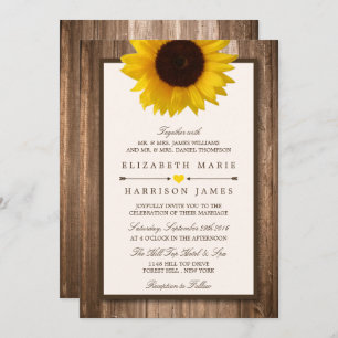 Country Rustic Sunflower & Brown Wood Wedding Invitation
