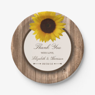 Country Rustic Sunflower & Brown Wood Wedding Paper Plate