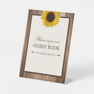 Country Rustic Sunflower & Brown Wood Wedding Pedestal Sign