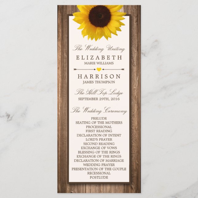 Country Rustic Sunflower & Brown Wood Wedding Programme (Front)