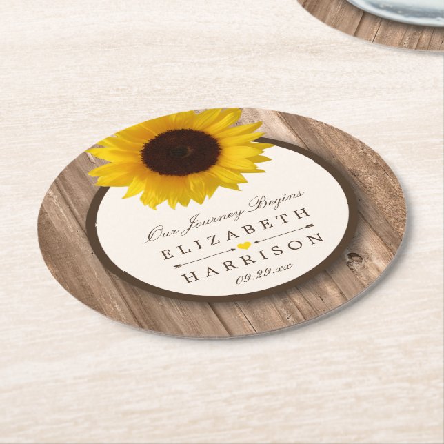 Country Rustic Sunflower & Brown Wood Wedding Round Paper Coaster (Angled)