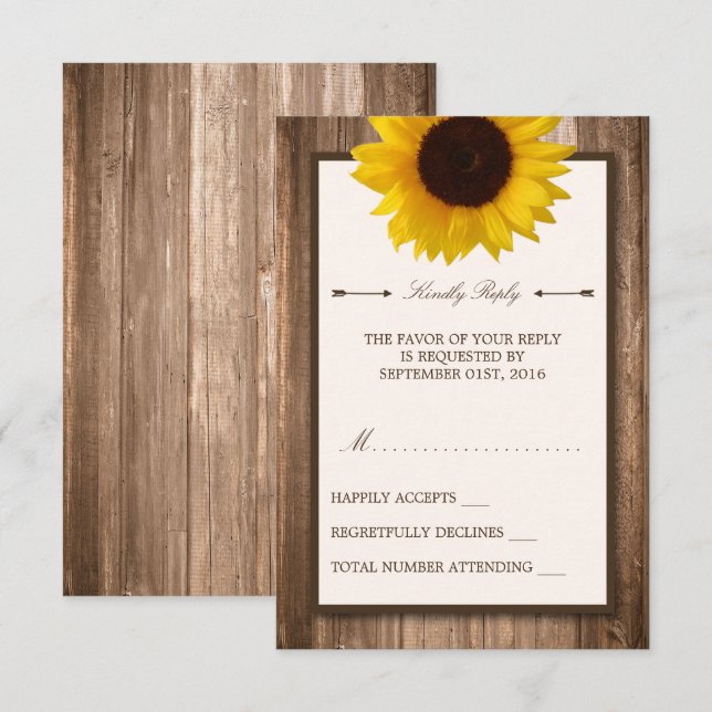 Country Rustic Sunflower & Brown Wood Wedding RSVP (Front/Back)