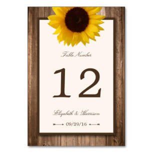 Country Rustic Sunflower & Brown Wood Wedding Table Number