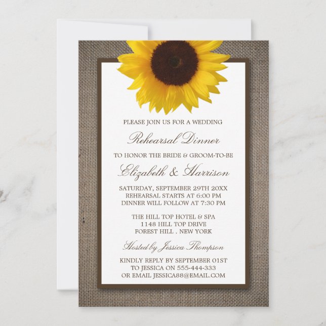 Country Rustic Sunflower Burlap Rehearsal Dinner Invitation (Front)