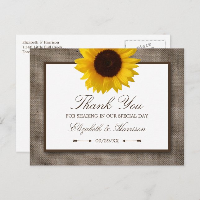 Country Rustic Sunflower & Burlap Thank You Postcard (Front/Back)