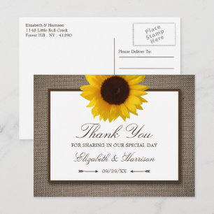 Country Rustic Sunflower & Burlap Thank You Postcard