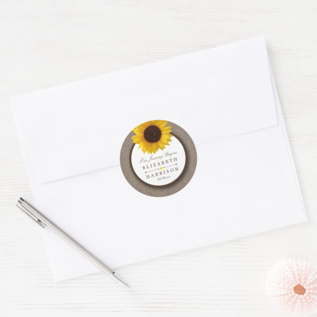 Country Rustic Sunflower & Burlap Wedding Classic Round Sticker (Envelope)