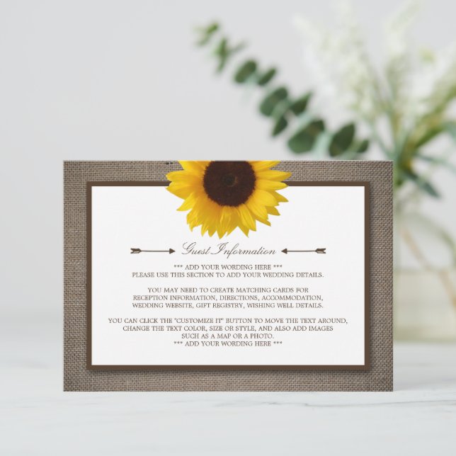 Country Rustic Sunflower & Burlap Wedding Enclosure Card (Standing Front)