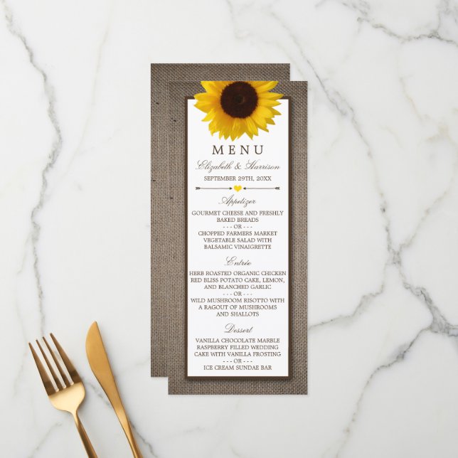 Country Rustic Sunflower & Burlap Wedding Menu (Front/Back In Situ)