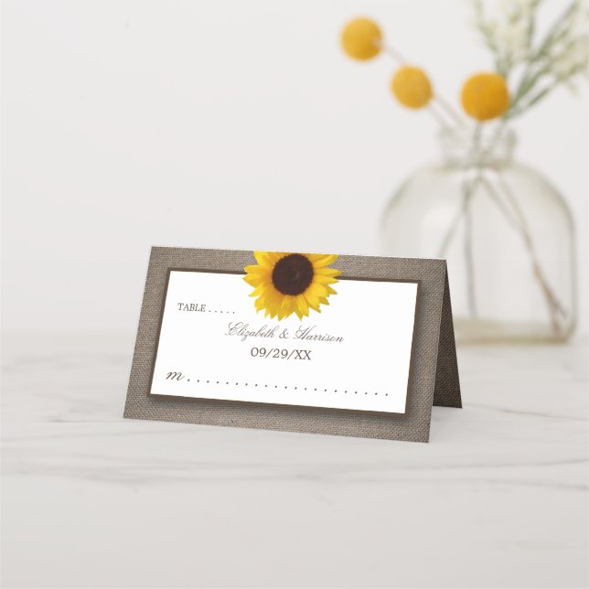 Country Rustic Sunflower & Burlap Wedding Place Card (Front)