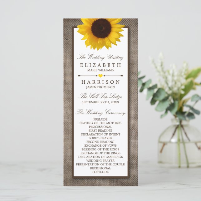 Country Rustic Sunflower & Burlap Wedding Programme (Standing Front)