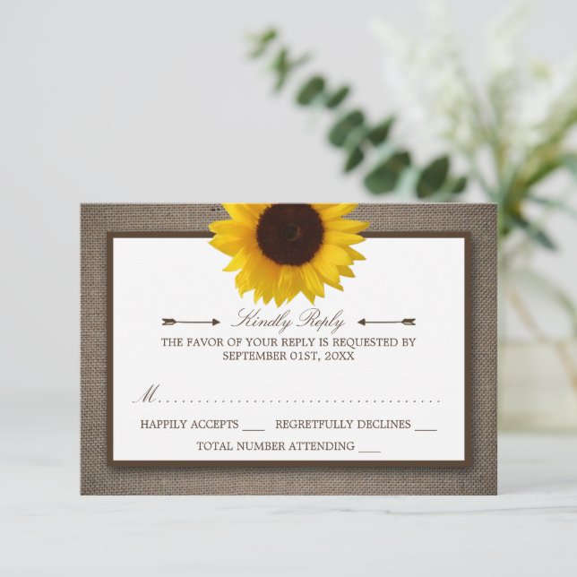 Country Rustic Sunflower & Burlap Wedding RSVP (Standing Front)