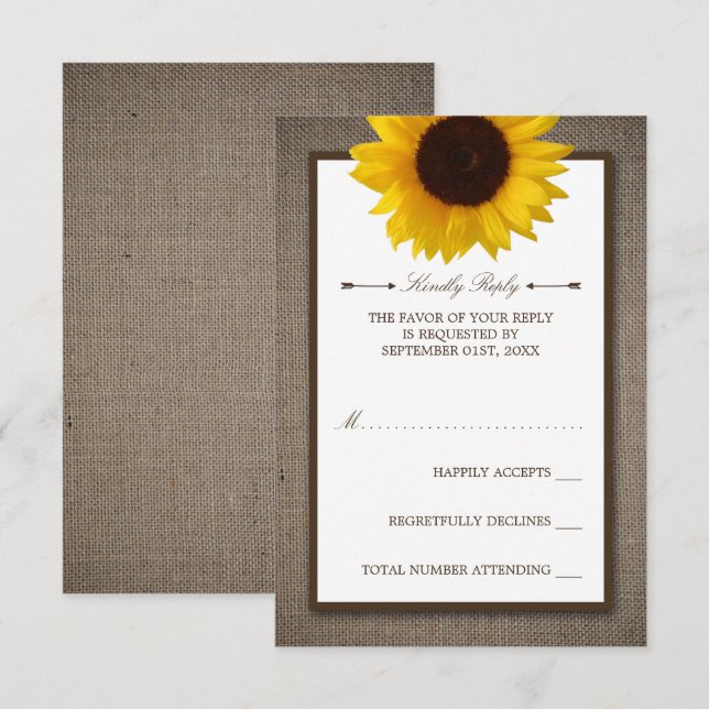 Country Rustic Sunflower & Burlap Wedding RSVP Card (Front/Back)