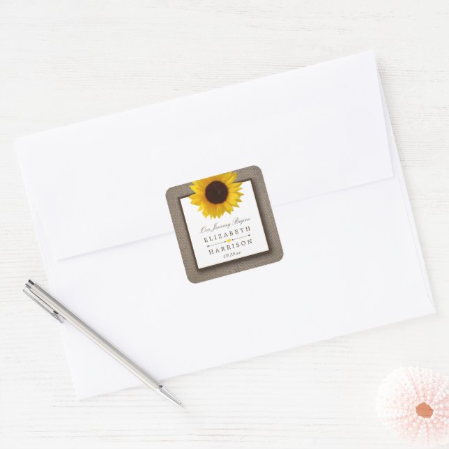 Country Rustic Sunflower & Burlap Wedding Square Sticker (Envelope)