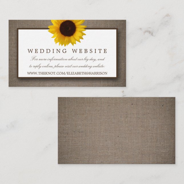 Country Rustic Sunflower & Burlap Wedding Website Enclosure Card (Front/Back)