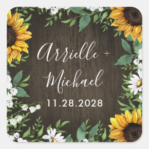 Country Rustic Sunflower Daisy Wedding Favour Square Sticker