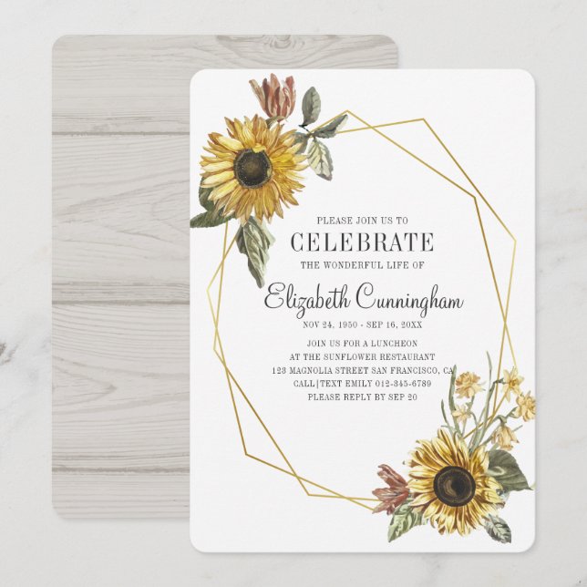 Country Rustic Sunflower Floral Geometric Memorial Invitation (Front/Back)