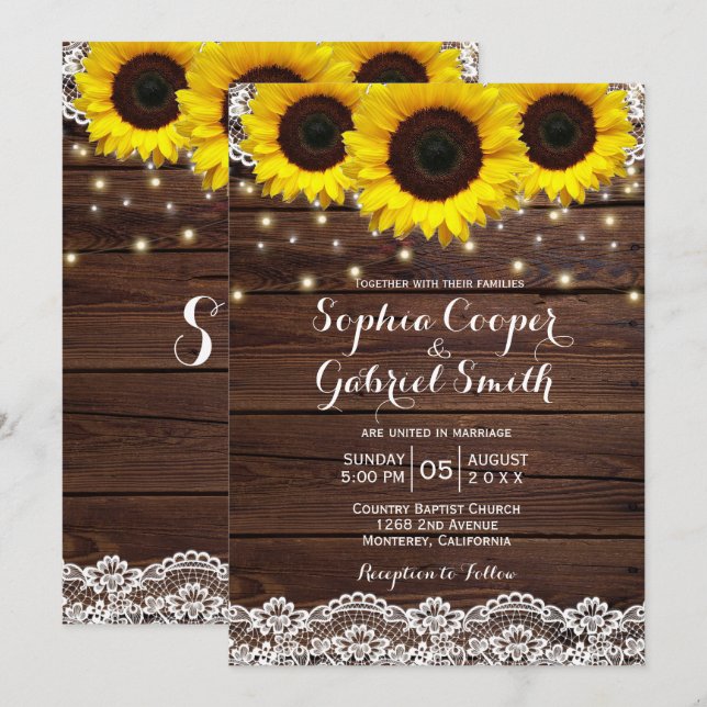 Country Rustic Sunflower Lace | Wood Wedding Invitation (Front/Back)