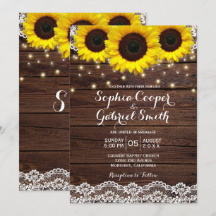 Country Rustic Sunflower Lace   Wood Wedding Invitation