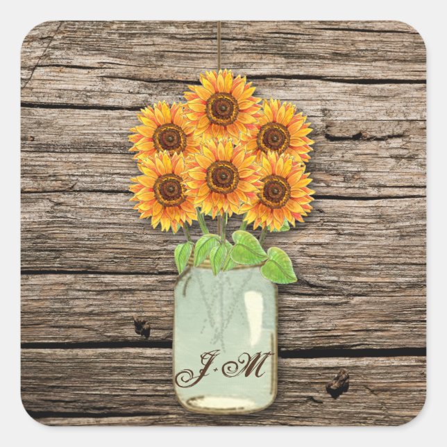 Country Rustic Sunflower Mason Jar Bridal Shower Square Sticker (Front)
