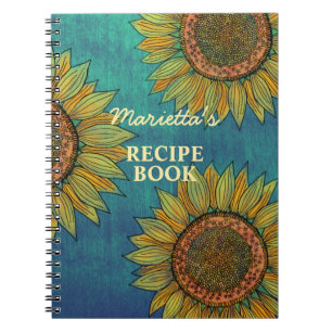 Country Rustic Sunflower Teal Personalised Recipe Notebook