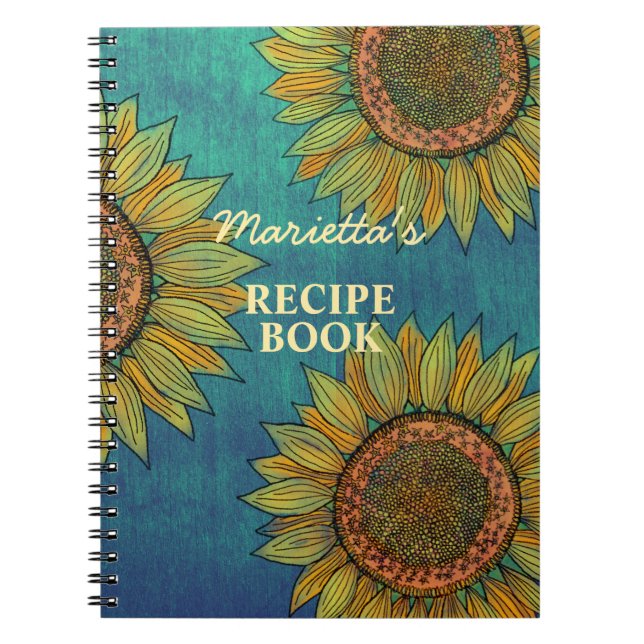 Country Rustic Sunflower Teal Personalised Recipe Notebook (Front)