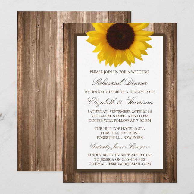 Country Rustic Sunflower Wood Rehearsal Dinner Invitation (Front/Back)