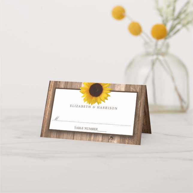 Country Rustic Sunflower & Wood Wedding Place Card (Front)