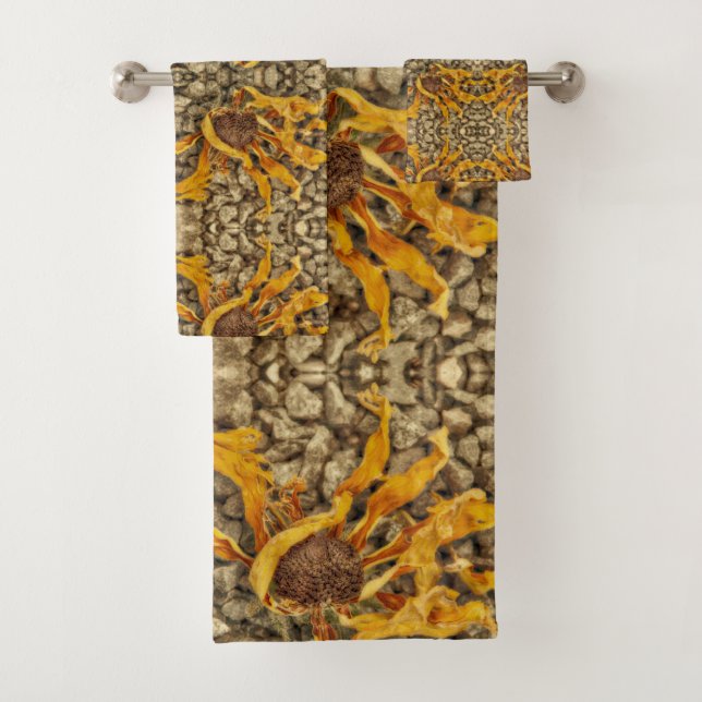 Country Rustic Sunflower Yellow Brown Abstract Bath Towel Set (Insitu)