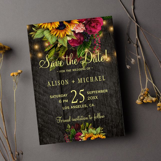 Country rustic sunflowers and roses wood wedding save the date (Creator Uploaded)