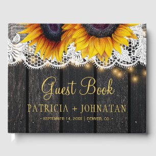 Country rustic sunflowers barn wood lace wedding guest book