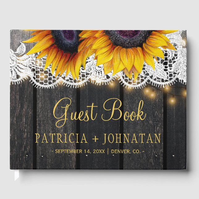 Country rustic sunflowers barn wood lace wedding guest book (Front)
