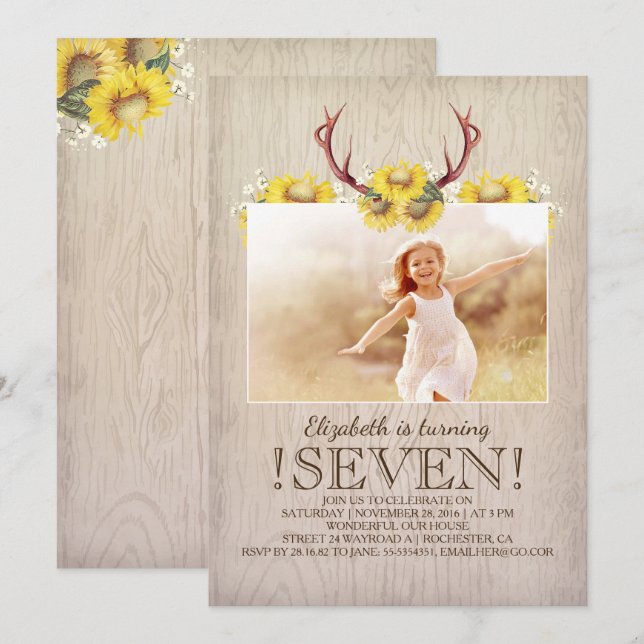 Country Rustic Sunflowers Birthday Photo Invitation (Front/Back)