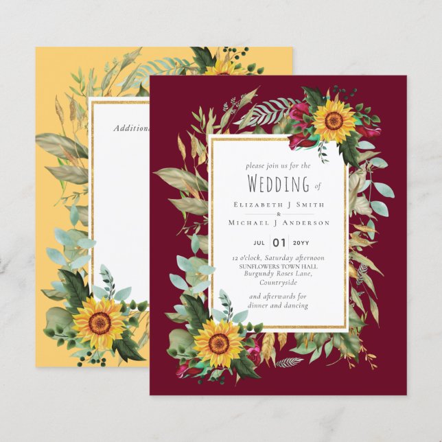 Country Rustic Sunflowers Burgundy Roses Wedding (Front/Back)