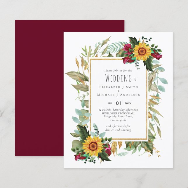 Country Rustic Sunflowers Burgundy Roses Wedding (Front/Back)