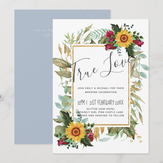 Country Rustic Sunflowers Burgundy Roses Wedding (Front/Back)