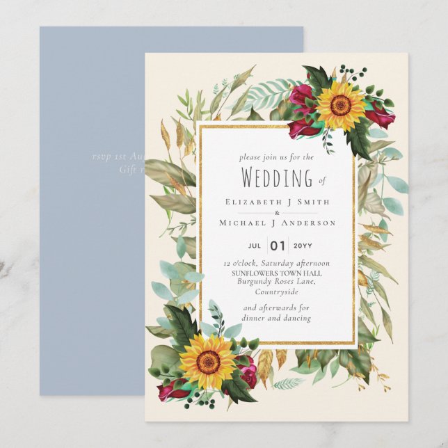 Country Rustic Sunflowers Burgundy Roses Wedding (Front/Back)