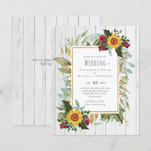 Country Rustic Sunflowers Burgundy Roses Wedding (Front/Back)