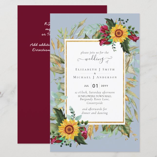 Country Rustic Sunflowers Burgundy Roses Wedding (Front/Back)