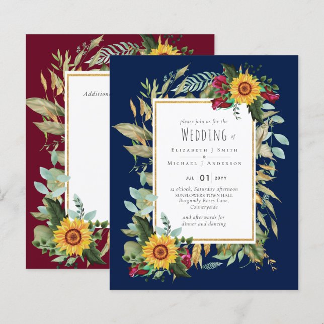 Country Rustic Sunflowers Burgundy Roses Wedding (Front/Back)