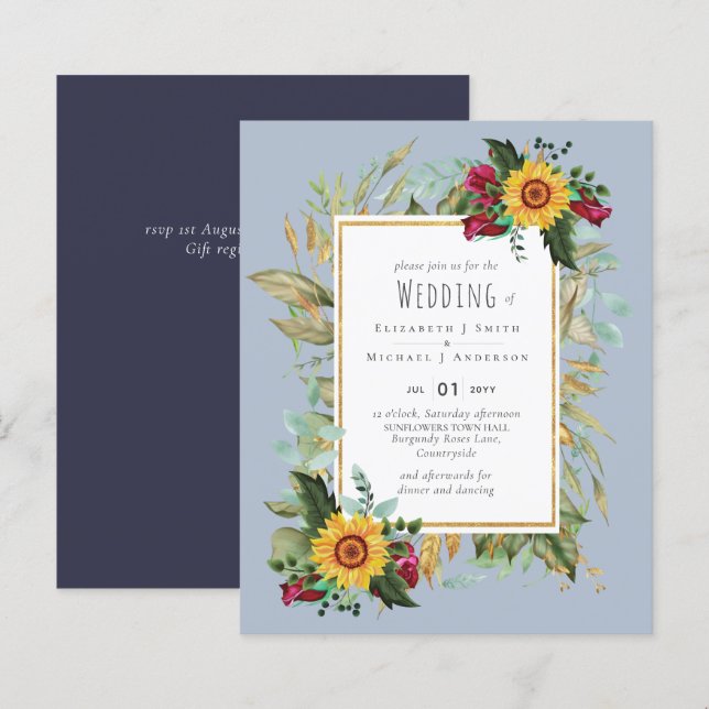 Country Rustic Sunflowers Burgundy Roses Wedding (Front/Back)